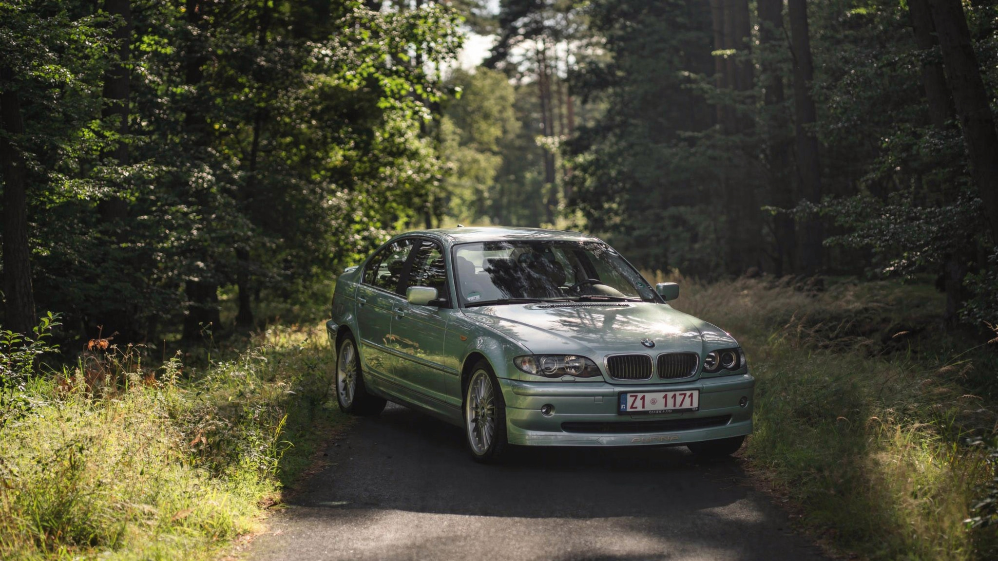 ALPINA B3 3.3 E46 w jasnozielonym lakierze na leśnej drodze